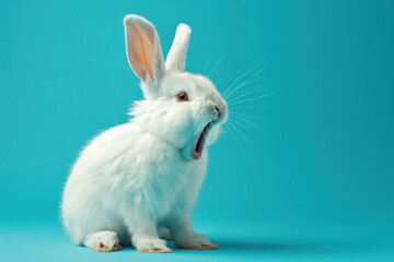 white rabbit with its mouth open isolated on a blue background. easter holiday concept celebration