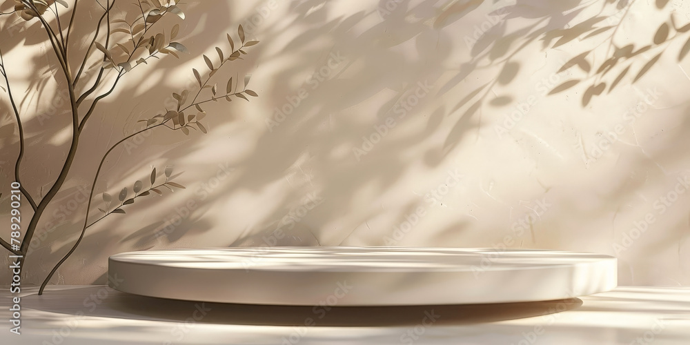 Poster empty podium for product presentation, a round beige podium with soft shadow. empty space in middle 