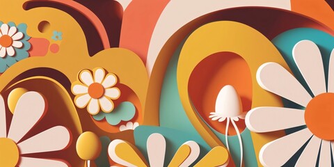 Paper cut flowers and easter eggs on colorful background. 3d rendering