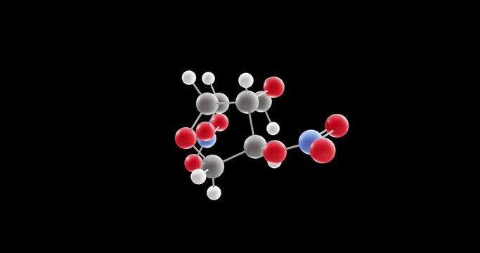 isosorbide dinitrate molecule, rotating 3D model of nitrates and nitrites, looped video on a black background