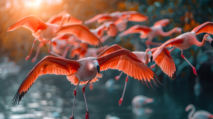 Flamingos flying by the blue lake