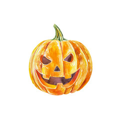 Halloween pumpkin, watercolor. Jack Lantern. Hand drawn illustration in vintage style isolated on white background. For cards, invitations, banners, covers.