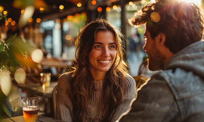 Romantic Alfresco Date Night: Charismatic Man Entertaining Charming Woman with Captivating Stories on Cozy Terrace