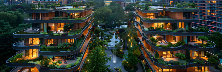 Modern environmental residential city district with green trees and garden on balcony. Green futuristic skyscraper, environment and architecture concepts.  - obrazy, fototapety, plakaty