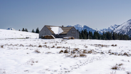 panoramic view with white hill alp to the mountain range named first in Vorarlberg, Austria. wooden alpine farmhouse on snow-covered meadow, snowy mountains in background, track on snow, blue sky