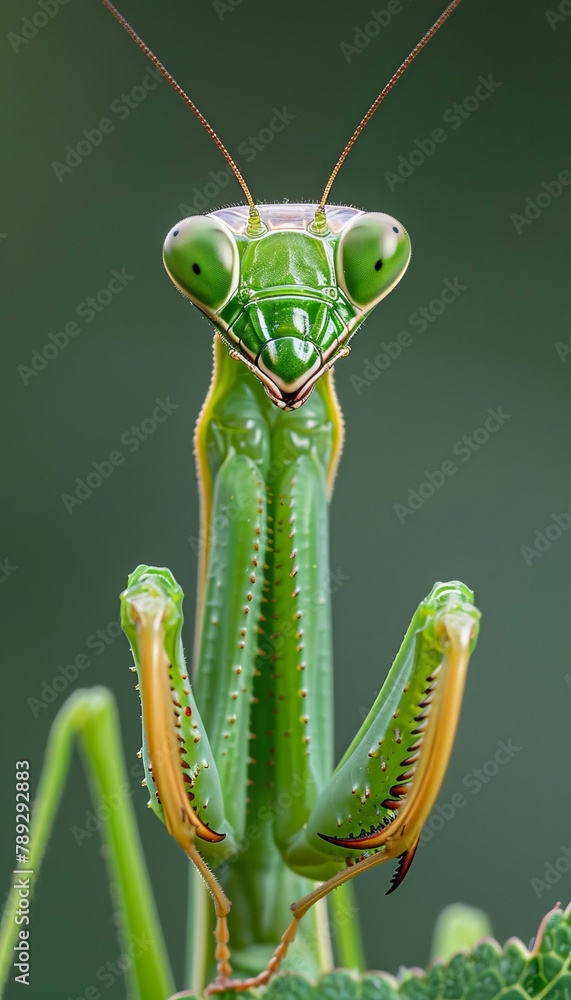Poster detailed close up macro image displaying a praying mantis in its natural habitat