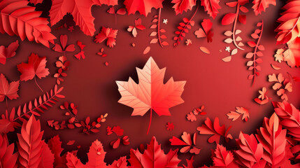 Red maple leaves paper cut design on red background