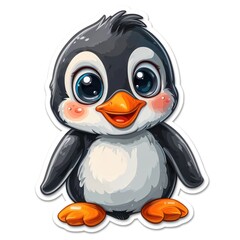 Fototapeta premium Adorable baby penguin sticker, kawaii style, thick lines, bright colors
