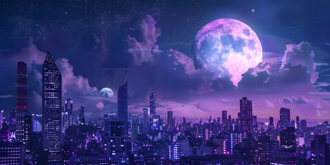 Giant colorful moon over the night city