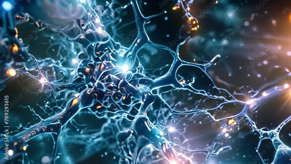 Poster computer generated video of a human brain with neural pathways and synapses, nano conductors creatin