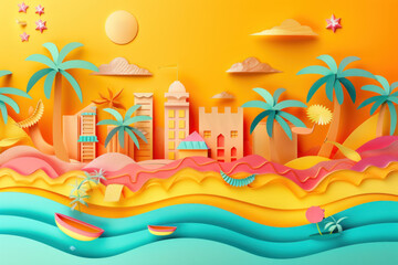 Fototapeta na wymiar abstract colorful paper art background with a tropical landscape and buildings, palm trees on the beach in an orange background, summer 3d background with colorful object