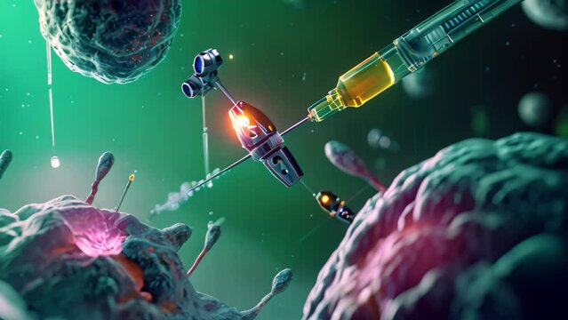 This computer-generated Video depicts a futuristic sci-fi scene with flying spaceships and neon lights, Nanobots performing microsurgery on a human cell