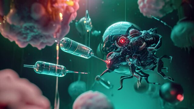 This computer generated Video displays a bug with a syringe held in its mouth as the main subject, Nanobots performing microsurgery on a human cell