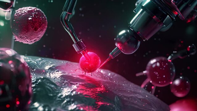 A detailed view of a red substance that has been spilled and spread across a flat surface, Nanobots performing microsurgery on a human cell