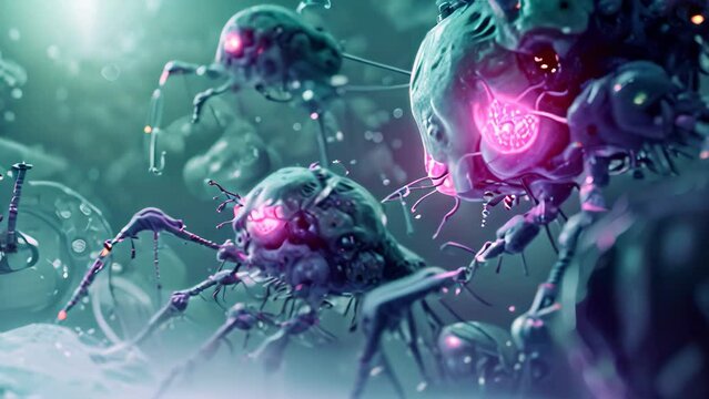 A large cluster of jellyfish floating together in the open ocean, Nanobots working on cellular repair
