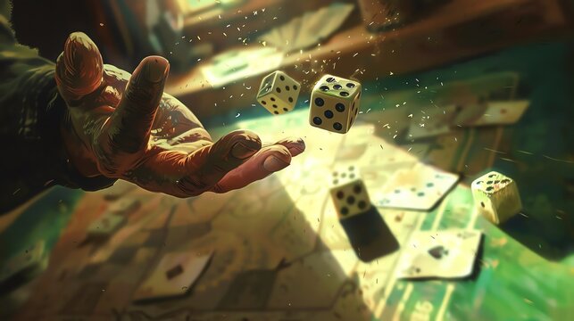 Focused illustration of a mans hand and dice falling onto a game board, capturing the crucial gamechanging moment