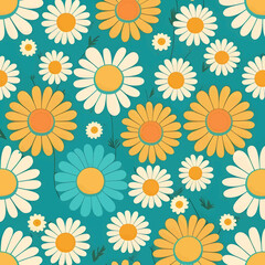 Seamless pattern with daisies on blue background. Vector illustration.