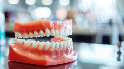Mockup of a human jaw on a table in a dental office
