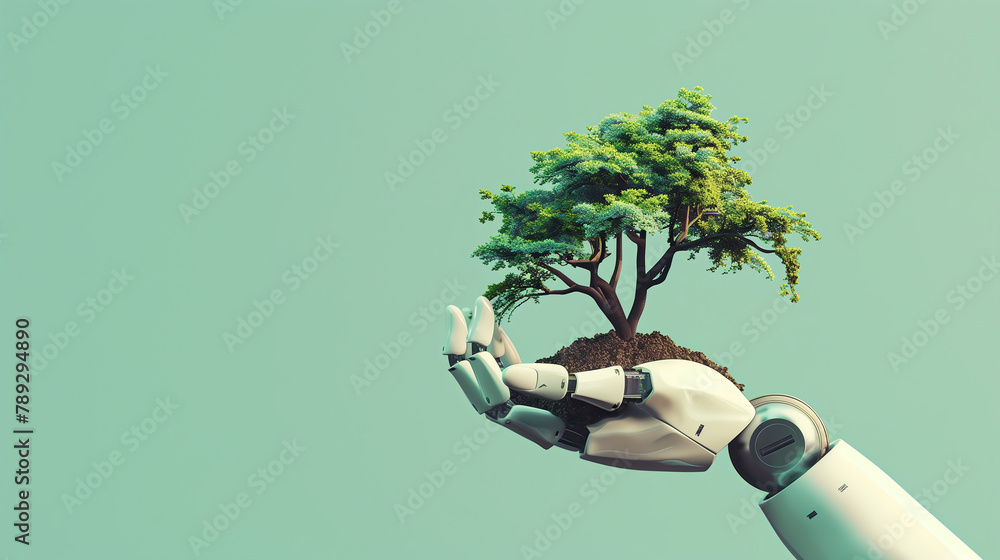 Poster a robot is holding a tree in its hand. the robot is made of metal and has a mechanical appearance. t