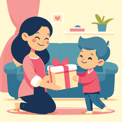 illustration of a happy mother getting a gift from a child