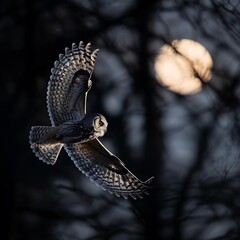 Naklejka premium owl in flight at night, full moon