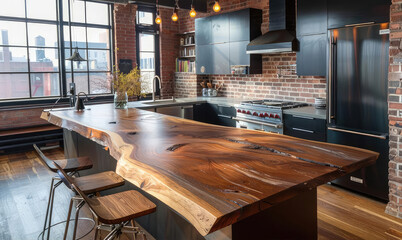 Modern loft kitchen interior with a large table made of natural wood with a live edge