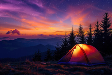 Fototapeta na wymiar camping tent illuminated in the style of the light inside at night on top of mountain with beautiful colorful sky and stars. camping tent under milky way galaxy with stars on a night sky background