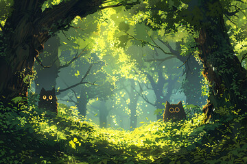 Mystical forest with hidden watchful eyes. Enchanted woods concept art for storybook and gaming - obrazy, fototapety, plakaty