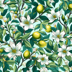 Seamless pattern with lemons and flowers. Vector illustration.