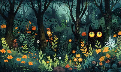 Enigmatic creatures lurking in the mystical forest. Digital art for fantasy themed background and creative design - obrazy, fototapety, plakaty