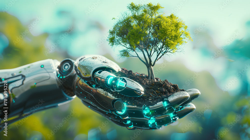 Poster a robot is holding a tree in its hand. the robot is made of metal and has a mechanical appearance. t