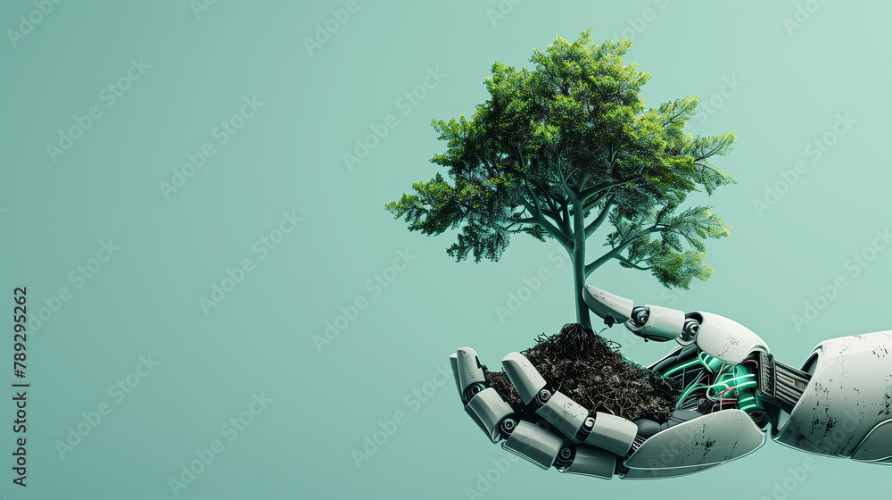 Poster a robot is holding a tree in its hand. the robot is made of metal and has a mechanical appearance. t
