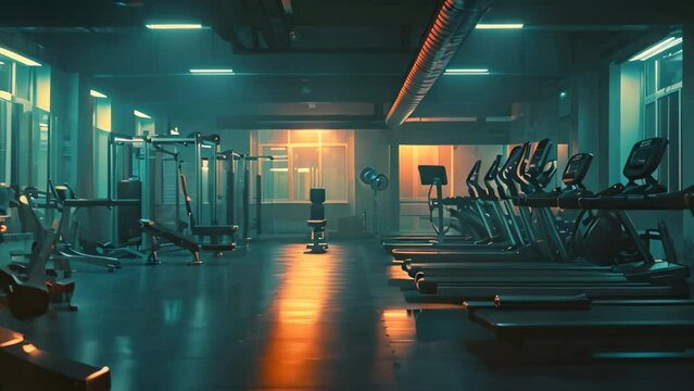 A spacious gym filled with rows of treadmills and various exercise machines, Night view of a gym glowing with soft interior light