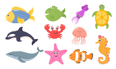 Set of funny ocean animals isolated on a white background. Sea creatures. Marine animals and aquatic plants. Underwater creature set vector isolated. Funny cartoon character. Vector illustration.

