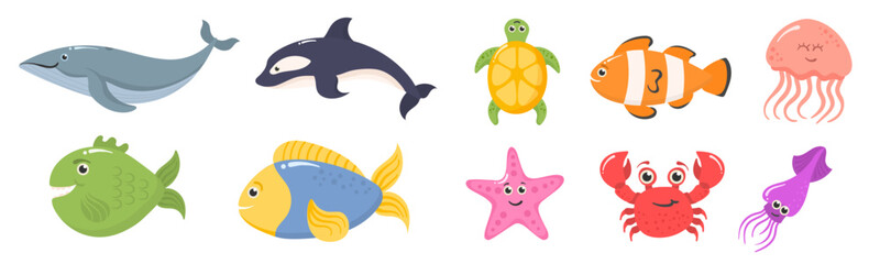 Set of funny ocean animals isolated on a white background. Sea creatures. Marine animals and aquatic plants. Underwater creature set vector isolated. Funny cartoon character. Vector illustration.
