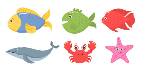 Set of funny ocean animals isolated on a white background. Sea creatures. Marine animals and aquatic plants. Underwater creature set vector isolated. Funny cartoon character. Vector illustration.

