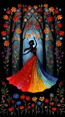 Beautiful woman silhouette with flowers around