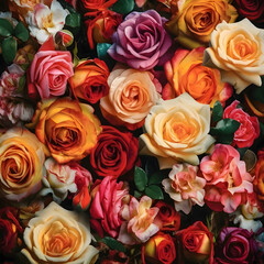 Colorful roses background. Top view, flat lay, copy space