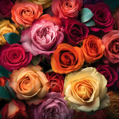 Colorful roses in a bouquet as a background, top view