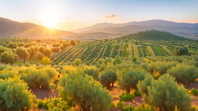 The setting sun casts a warm glow over a vineyard nestled in the rolling hills, Olive tree fields in Greece with a beautiful sunset