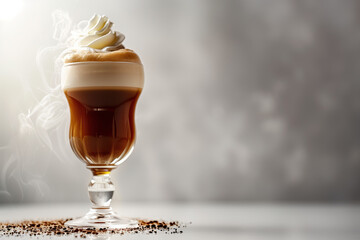 An Irish coffee in an elegant glass, crowned with a generous swirl of whipped cream. 