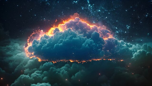 A stunning Video capturing a vividly blue cloud illuminated against the dark expanse of a night sky, Organic representation of cloud storage as a living entity
