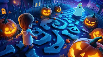 Halloween Haunt Maze Navigate spooky twists and turns, passing by friendly ghosts and jackolanterns, to reach the Halloween party - obrazy, fototapety, plakaty