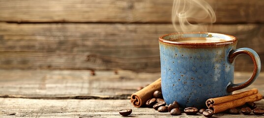 Steaming coffee cup with aromatic cinnamon and fragrant roasted coffee beans for delightful aroma - obrazy, fototapety, plakaty