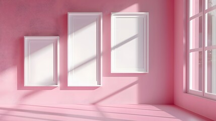 Front shot of white frames on a pink wall. Mockup concept