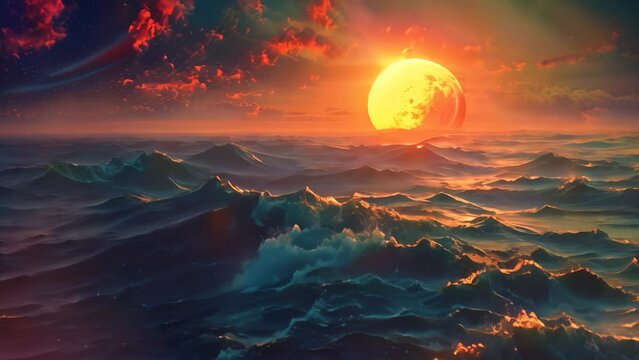 The painting showcases a vibrant sunset casting its colors onto a serene ocean, Otherworldly sunset over an alien ocean