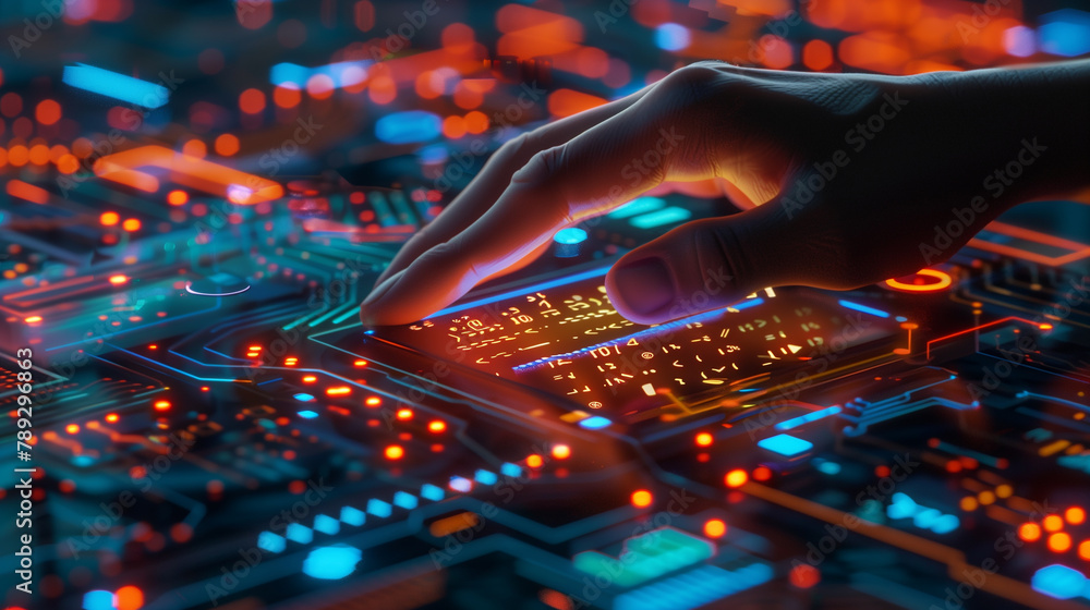 Poster a hand is pointing at a computer screen with a blue background. concept of technology and innovation