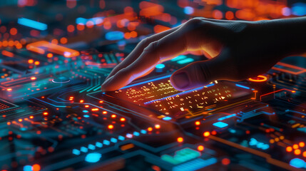 A hand is pointing at a computer screen with a blue background. Concept of technology and innovation, as the hand is interacting with the digital display. The blue and red color scheme adds to the fun