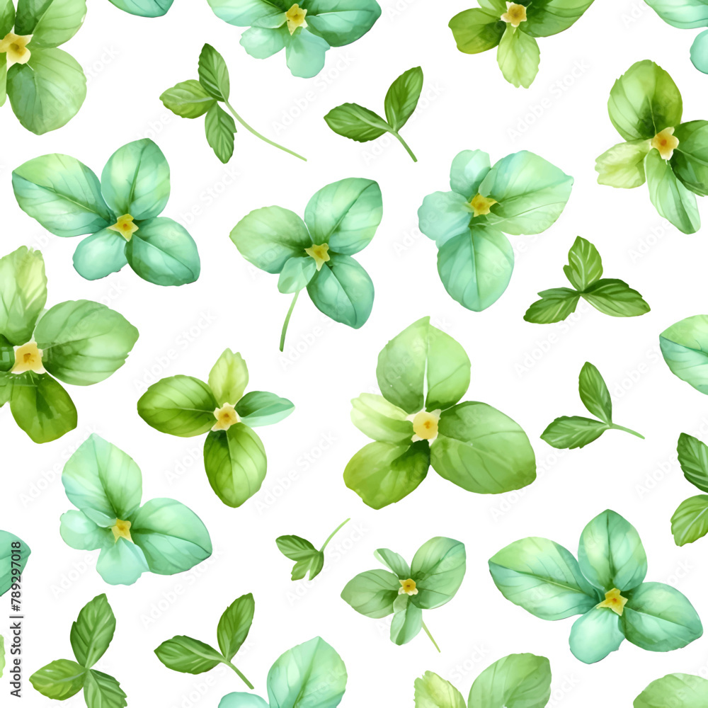 Wall mural seamless pattern with green flowers and leaves on white background. - Wall murals