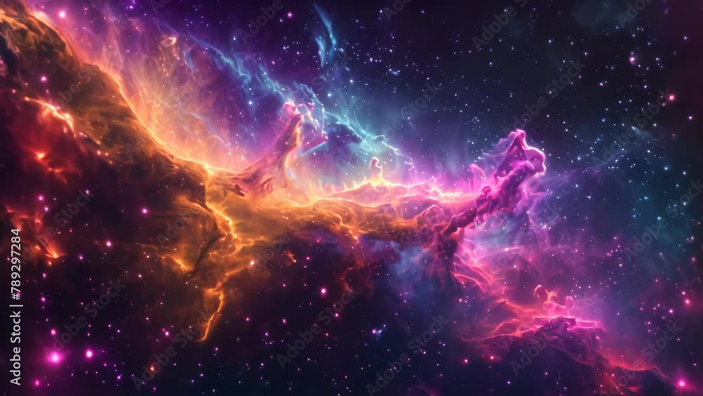 Poster an video capturing a vibrant celestial scene filled with an array of stars and billowing clouds, ove